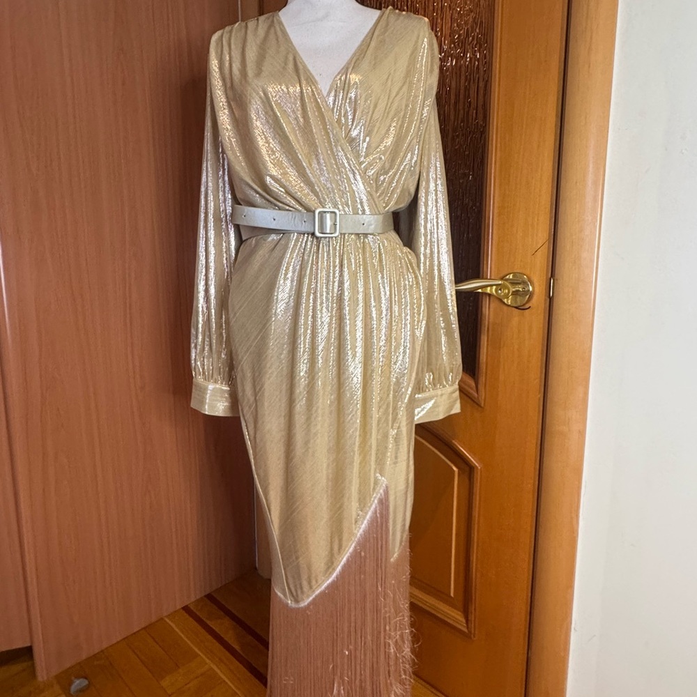 OYROSY Shimmering Gold Maxi Dress fringe detail with Belt Sz XXL